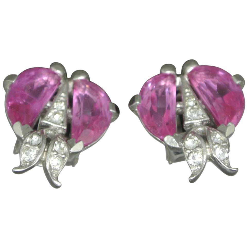 Trifari Demilune Moon Cut Pink Crystal Earrings