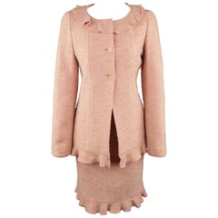 CHANEL Size 4 Pink Textured Tweed Ruffle A/ W 1999 Skirt Suit