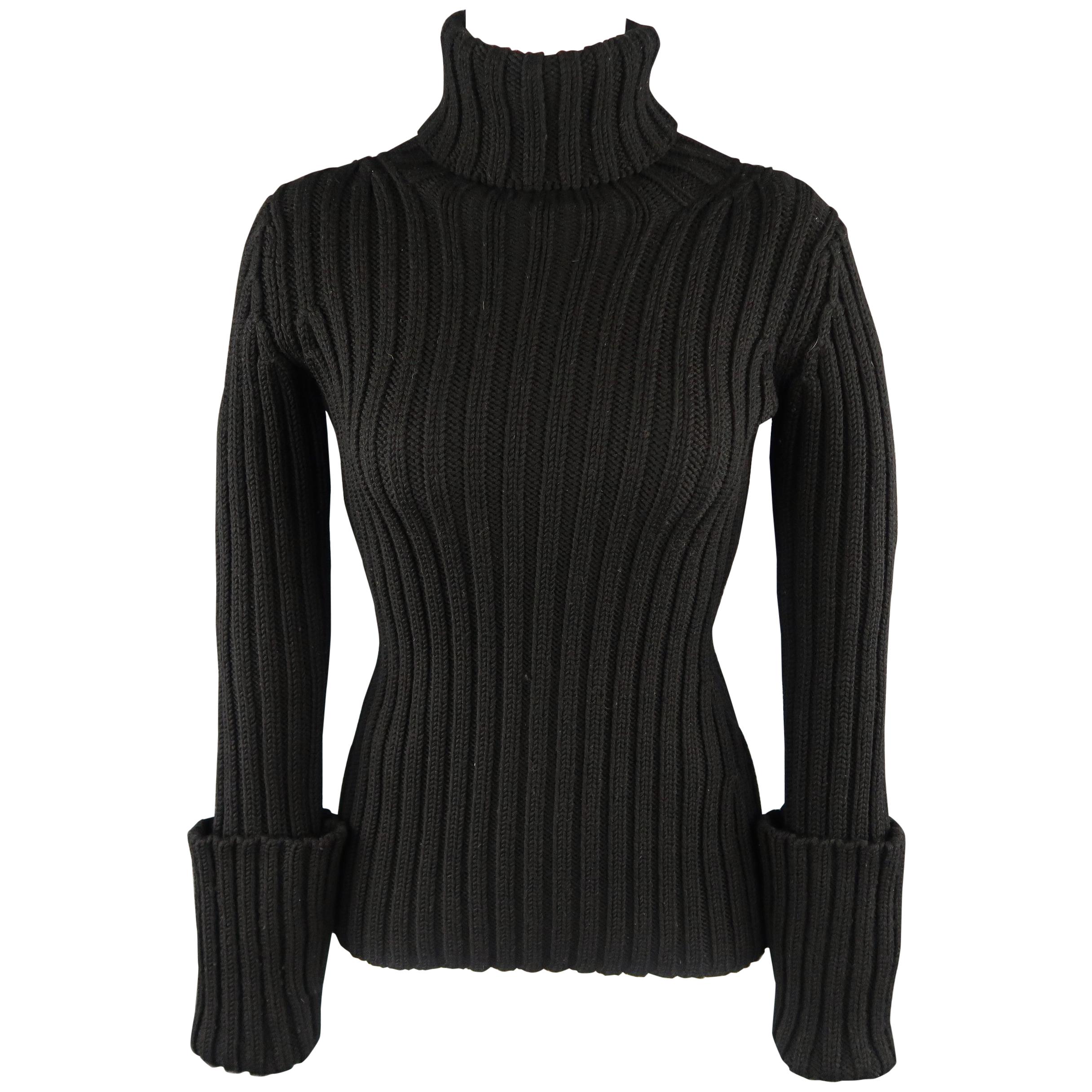 YOHJI YAMAMOTO Size L Black Ribbed Wool Cuffed Turtleneck Sweater