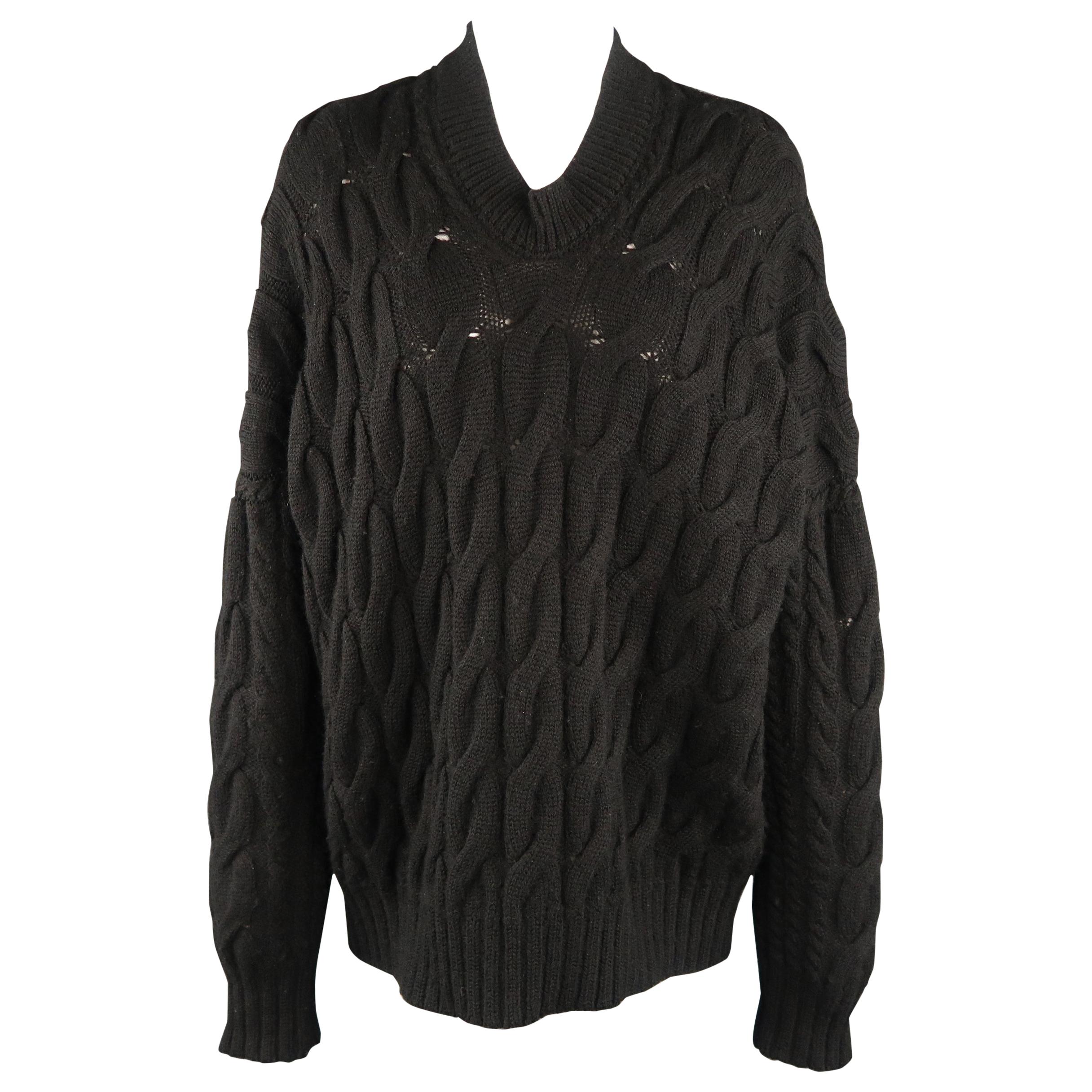 JUNYA WATANABE Size S Black Cableknit Wool Oversized V Neck Sweater