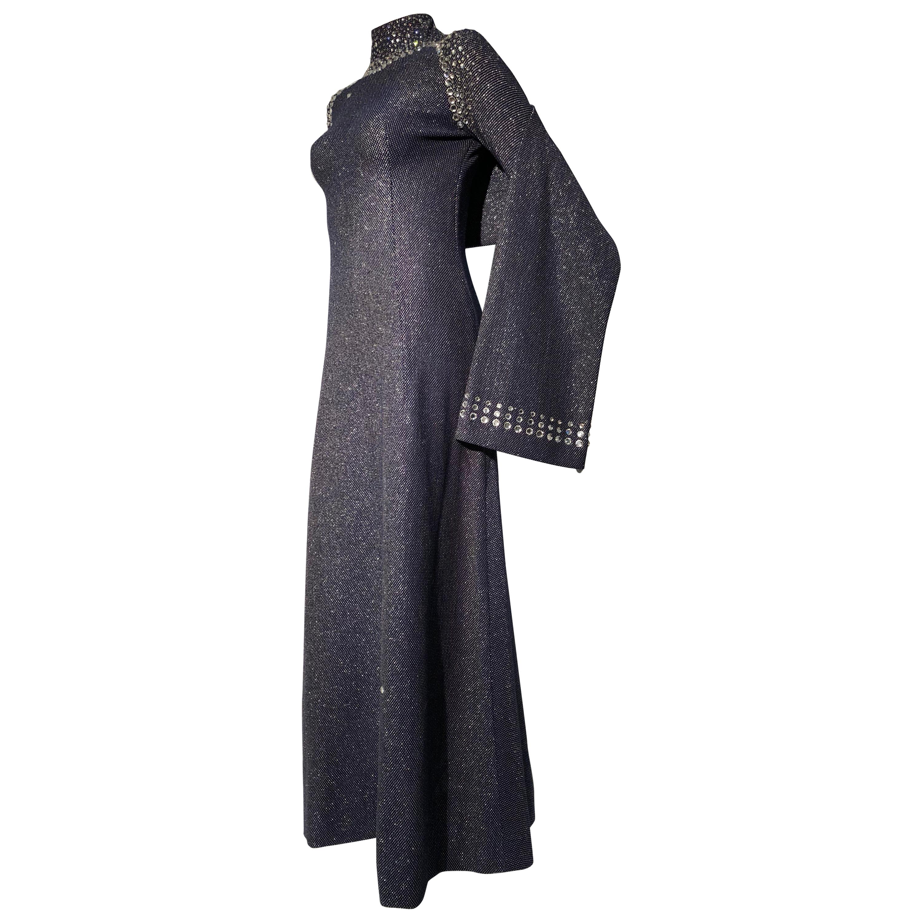 1960s Pauline Trigère Metallic Knit Gown W/ Futuristic Rhinestone Shoulder Yoke For Sale