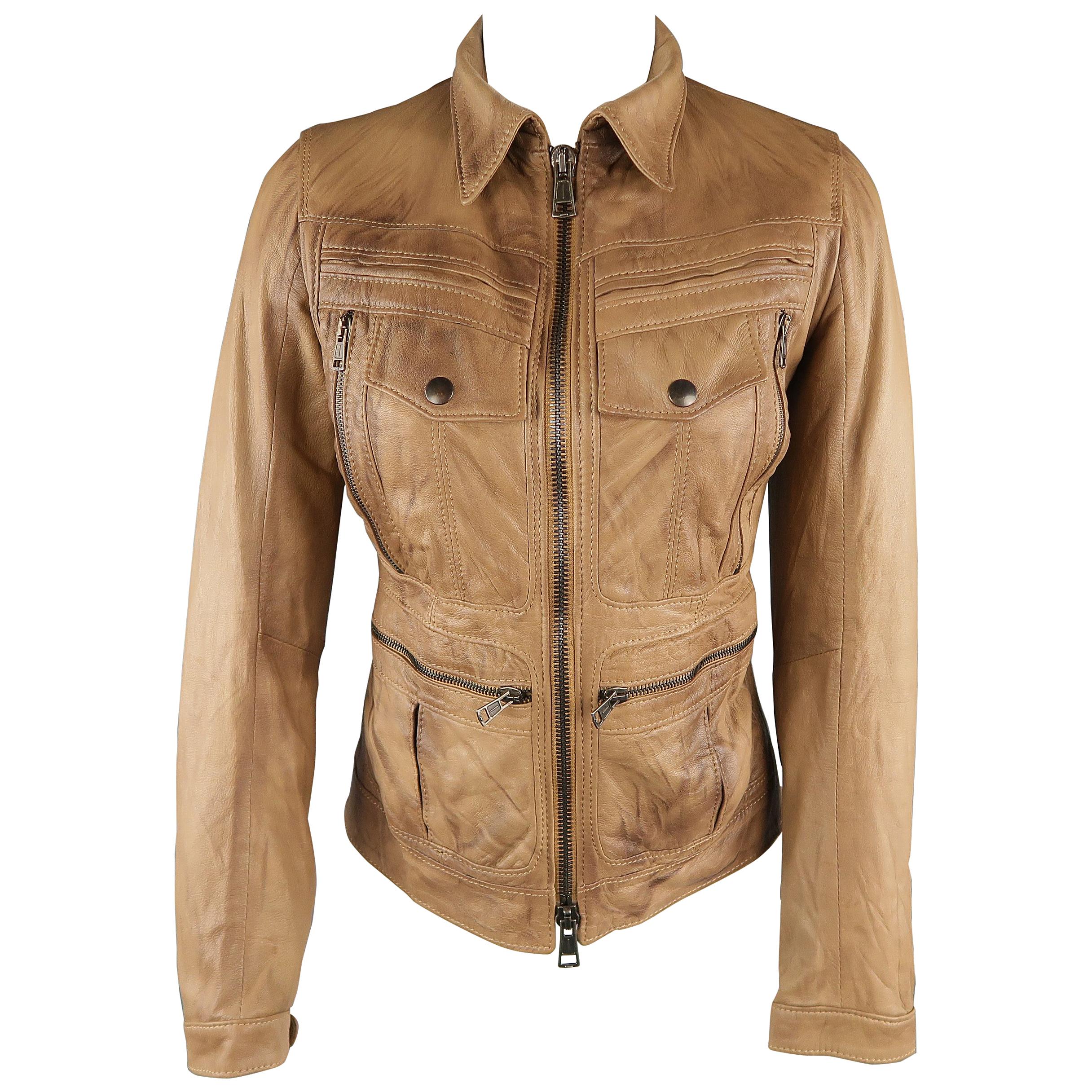 S.W.O.R.D Size XS Tan Distressed Leather Zip Jacket