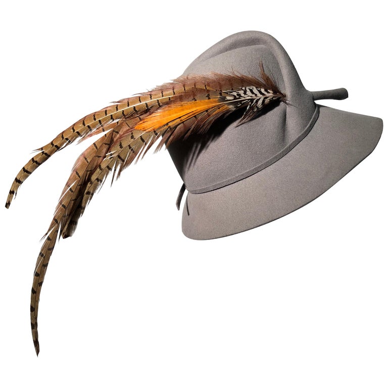 Vintage Grey Felt Wide Brim Fedora Hat with Netting and Yellow Feathers Vintage PEACOCK FEATHER Hat Brown Felt + netting GLENOVER  main image 3