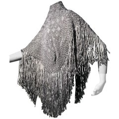 Vintage 1970s I. Magnin Dove Grey Silk and Rayon Fringed Macramé Ribbon Shawl