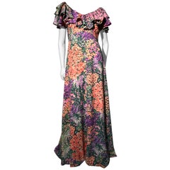 1970s Monet Inspired Bias Cut Floral Maxi Dress W/ Ruffles At Neckline