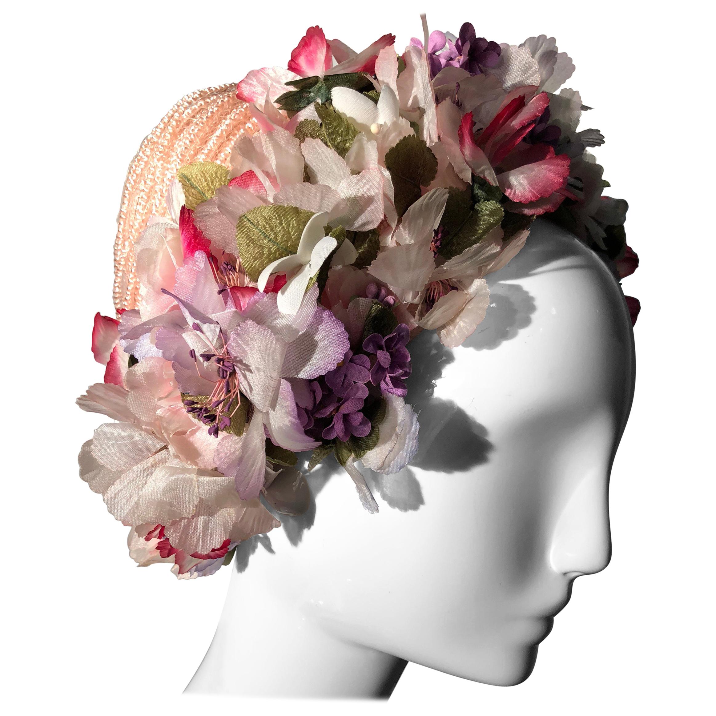 1960s Schiaparelli Straw Spring Hat With Wreath Of Silk Flowers Around Edge