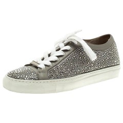 Le Silla Grey Crystal Embellished Leather Lace Up Sneakers Size 36