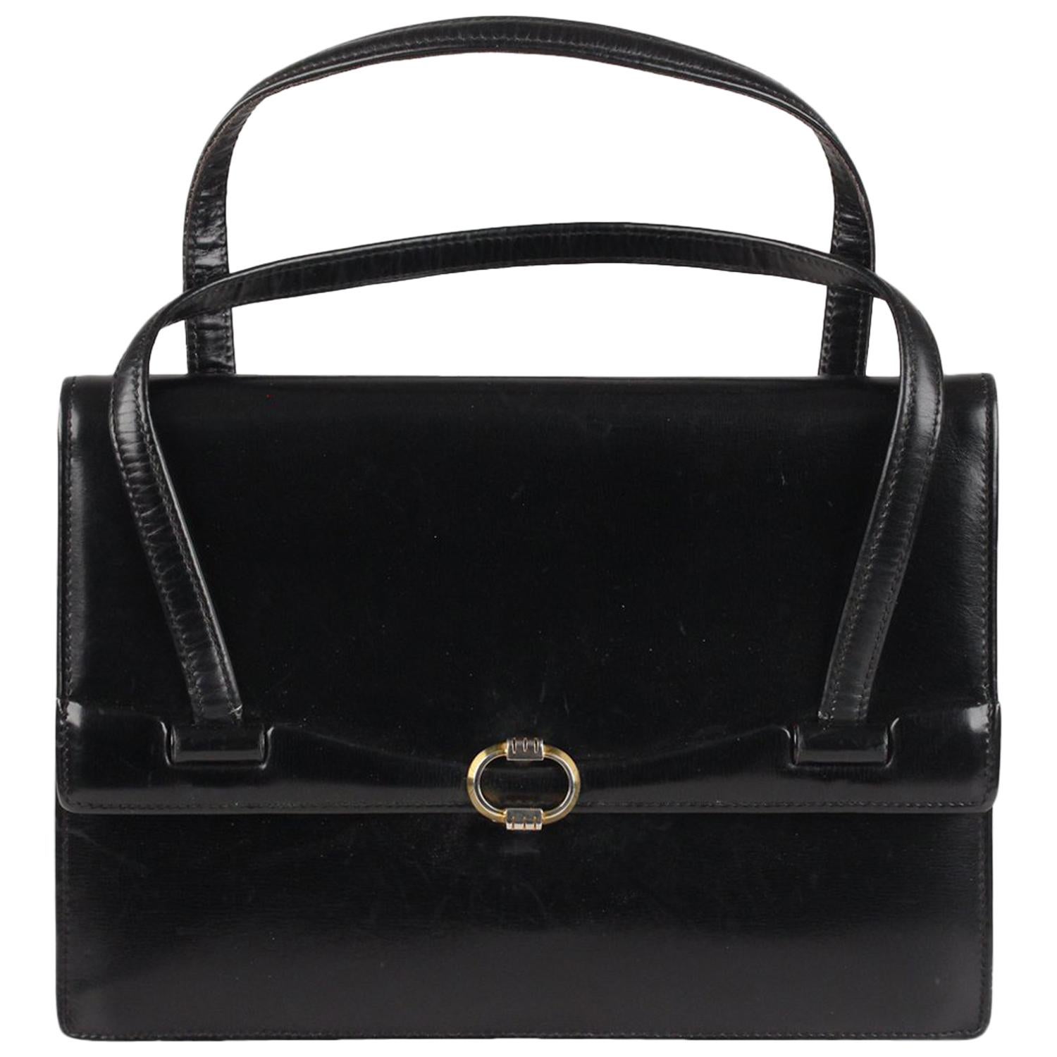 Gucci Vintage Black Leather Handbag Top Handle Bag Purse
