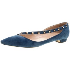Valentino Blue Suede and Leather Rockstud D'orsay Pointed Toe Ballet Flats Size 