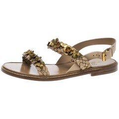 Valentino Beige Braided Leather Floral Embellished Flat Sandals Size 39