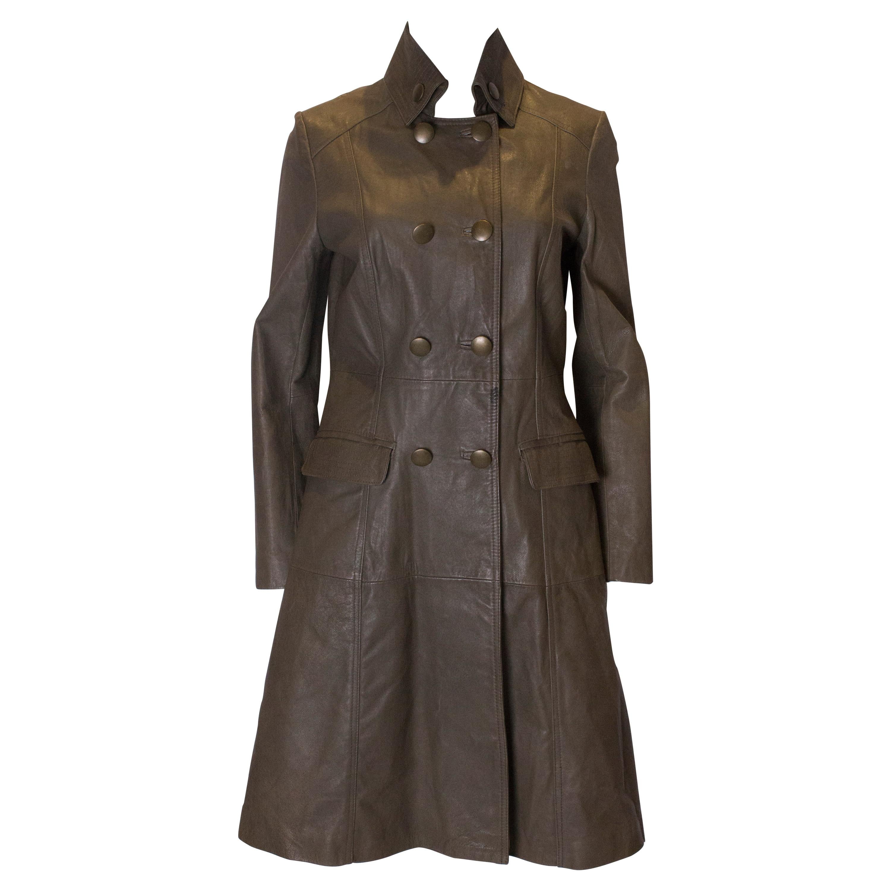 Vintage Olive Leather Coat For Sale