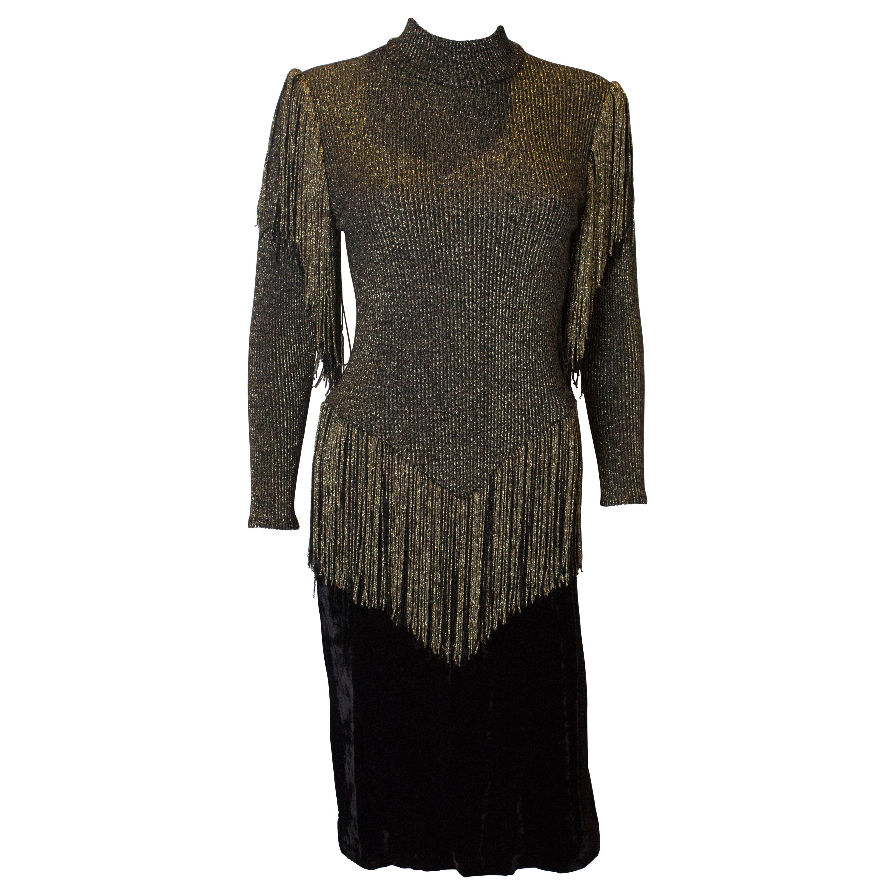 Vintage Gold and Black Party Dress with Fringing