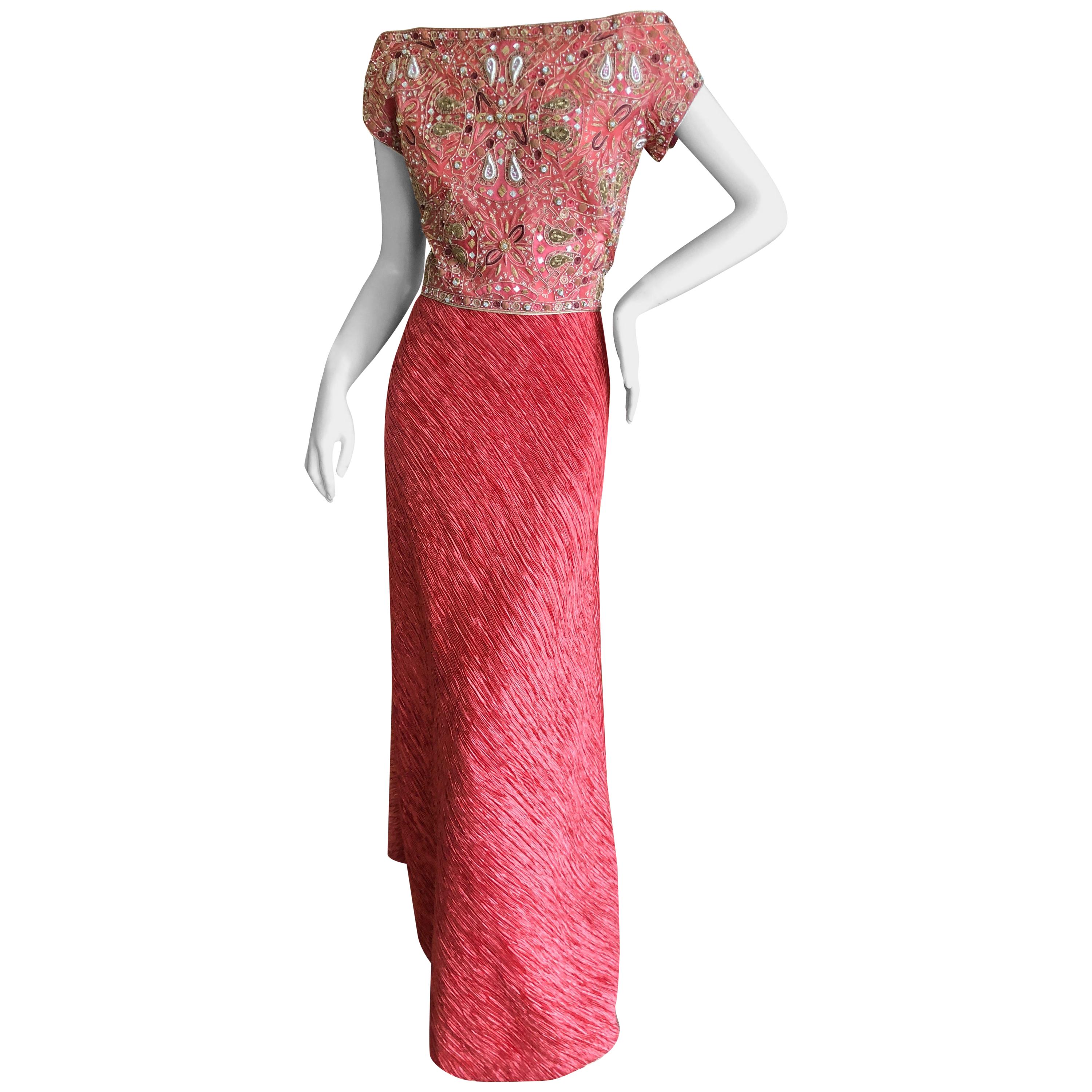 Mary McFadden Couture 1970's Rose Red Plisse Pleated Embellished Evening Dress For Sale