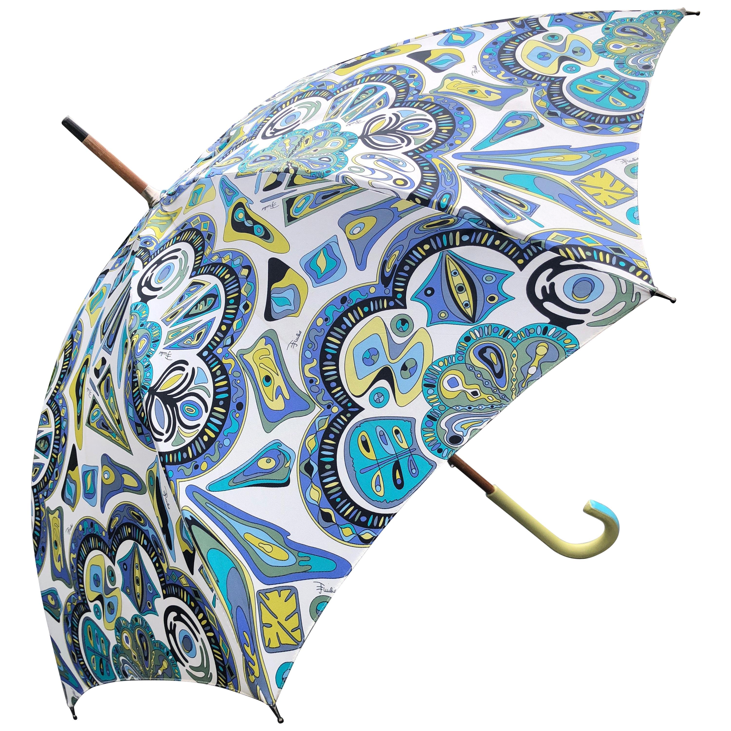 Emilio Pucci Vintage Wood Umbrella with Leather Handle For Sale