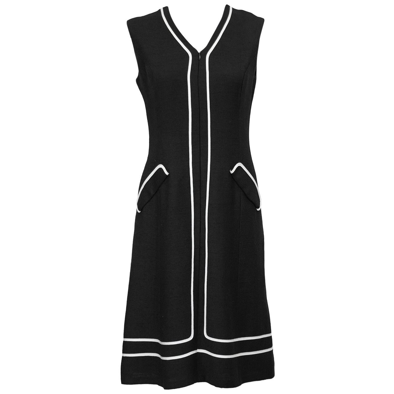 1960s Black Day Dress with White Piping For Sale