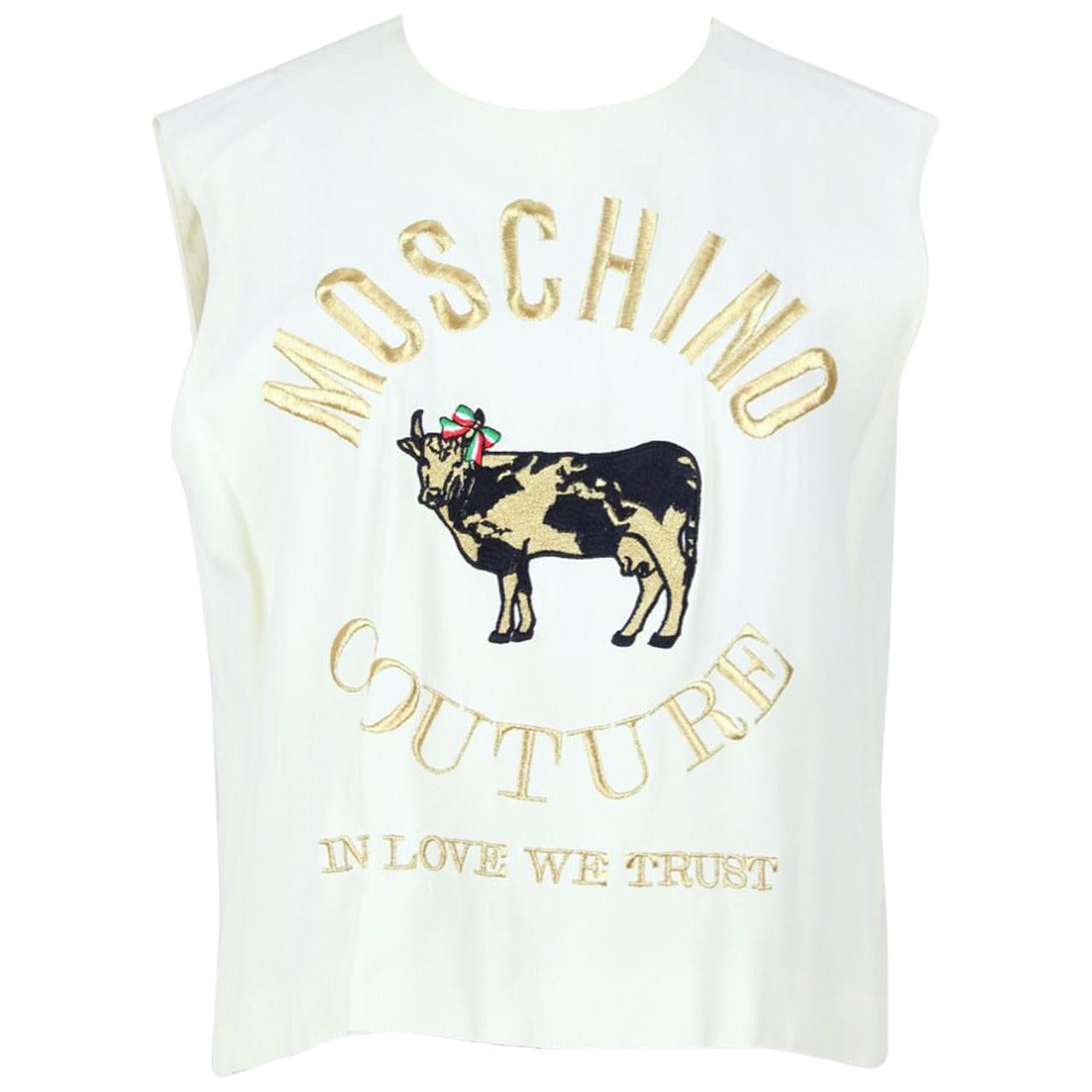 S/S 1989 MOSCHINO COUTURE! "In Love We Trust" Cream Gold & Black Embroidered Top For Sale