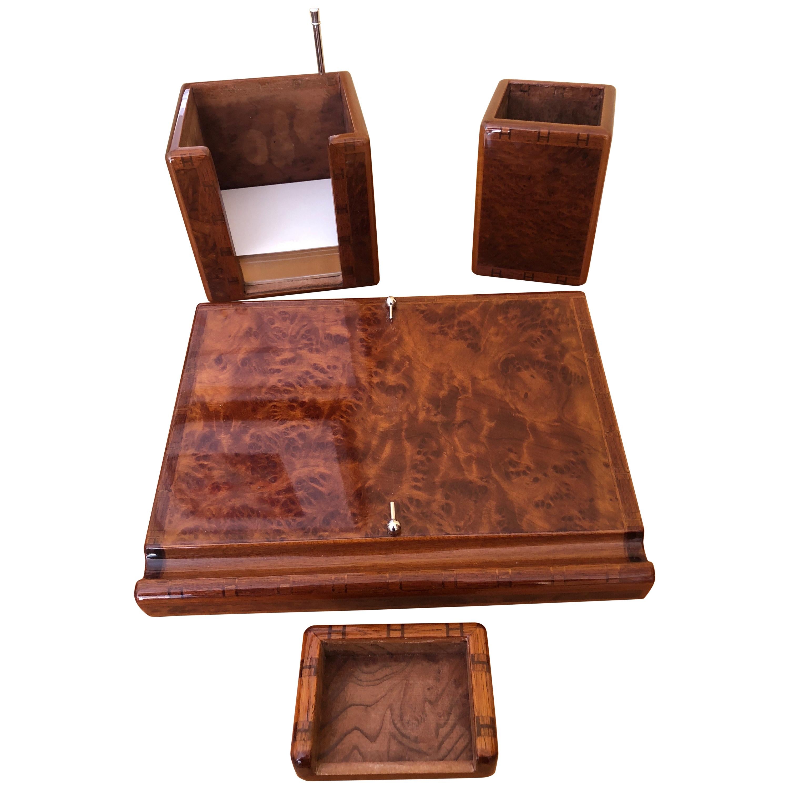 Hermes Vintage Five Piece Inlaid "H" Burlwood Desk Set with Hermes Boxes For Sale