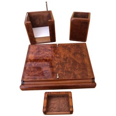 Hermes Vintage Five Piece Inlaid "H" Burlwood Desk Set with Hermes Boxes