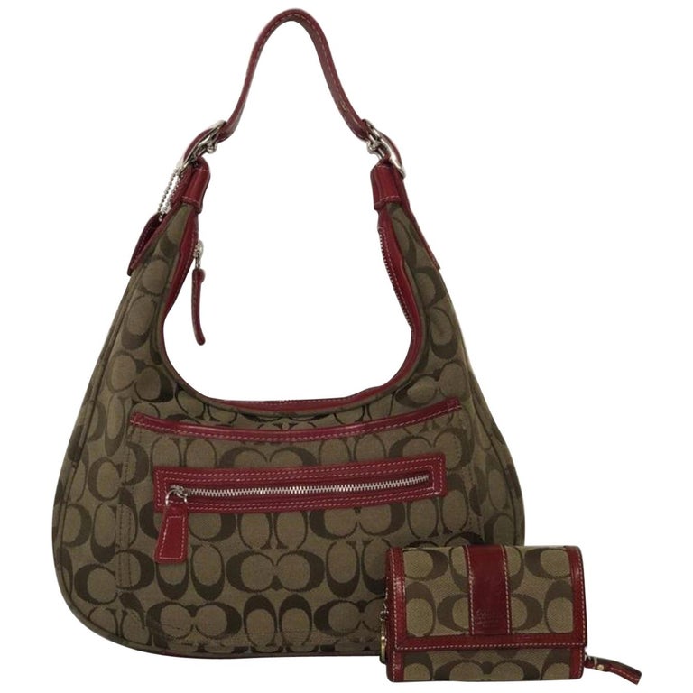 Coach Signature Jacquard Canvas Hobo Handbag and Matching Wallet in Red