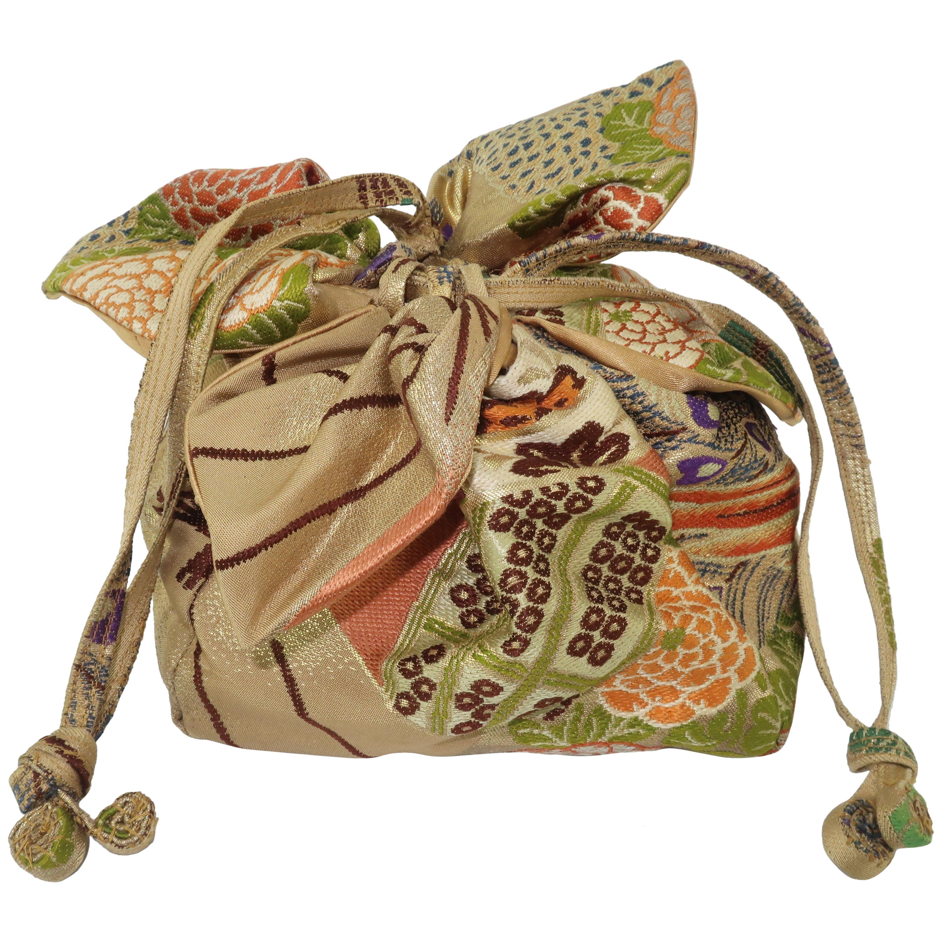 1950's Drawstring Silk Handbag From Japanese Obi Cloth