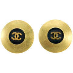 Vintage 1994 Chanel Brushed Gold-Tone and Black Logo Earrings
