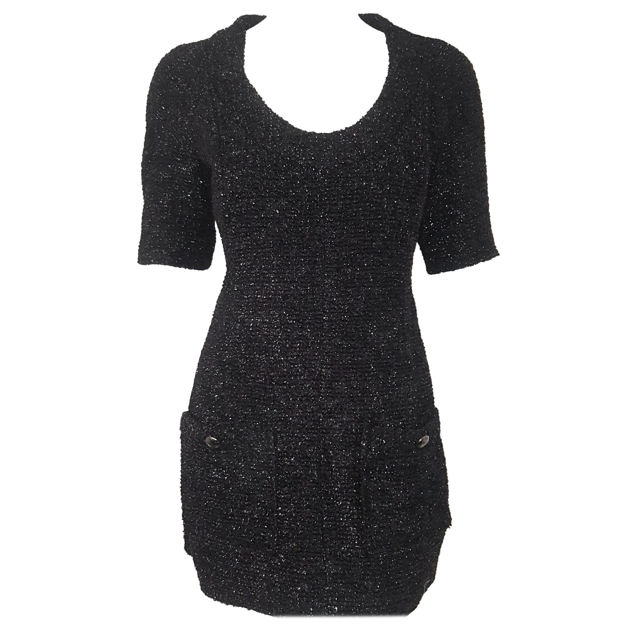 Chanel Black Silk Blend Short Sleeve Shimmering Dress 40 For Sale