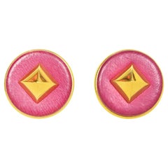 Hermes Vintage '80s Pink Leather Goldtone Medor Stud Clip On Earrings