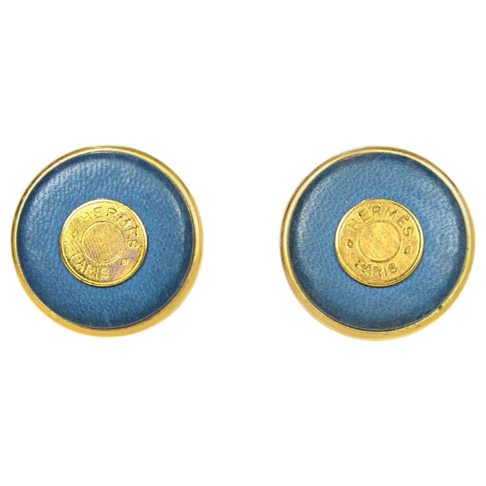 Hermes Vintage '80s Blue Leather Goldtone Logo Clip On Earrings