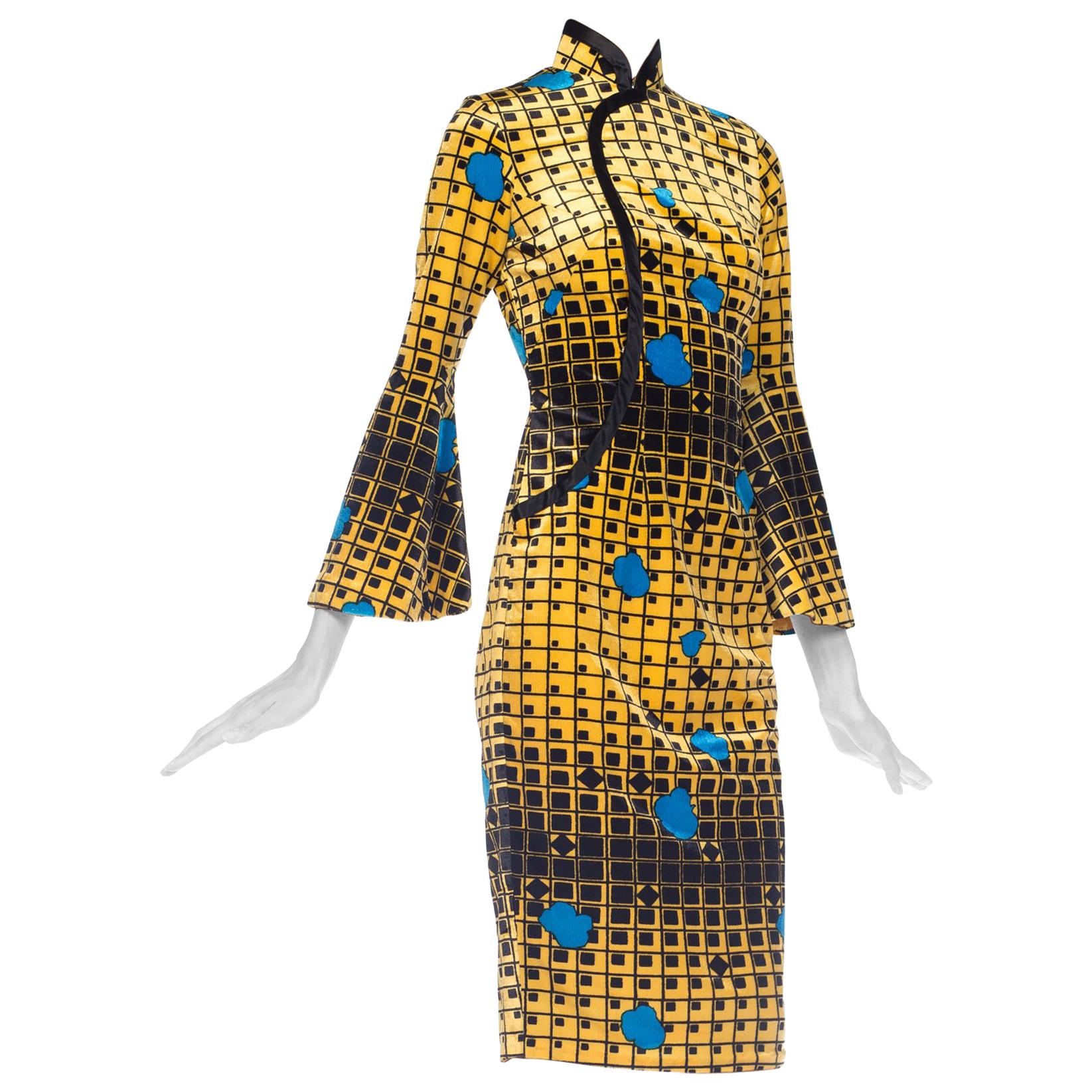 1960S Mod Chinesse Geometric Silk Velvet  Dress