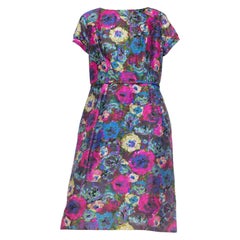 1950S  Pink & Blue Silk Larger Size Floral Cap Sleeve Dress