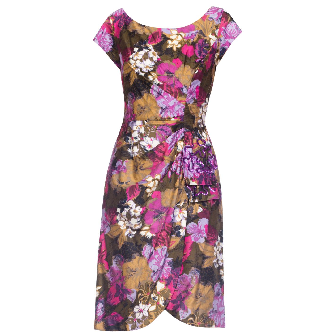 1950S Purple Floral Cotton Draped Sateen Dress With Sequin Details