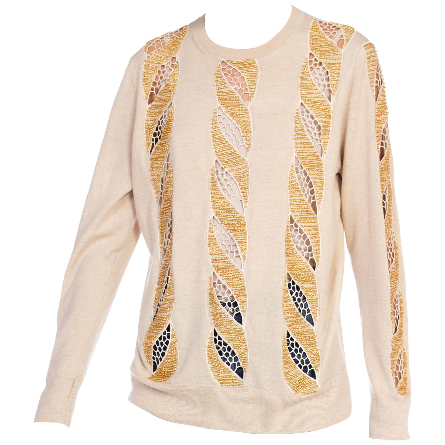 Dries Van Noten Lace Cut Out Gold Beaded Sweater 