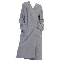Manteau portefeuille haute couture en laine tricotée gris chiné, fait à la main et non étiqueté, années 1980