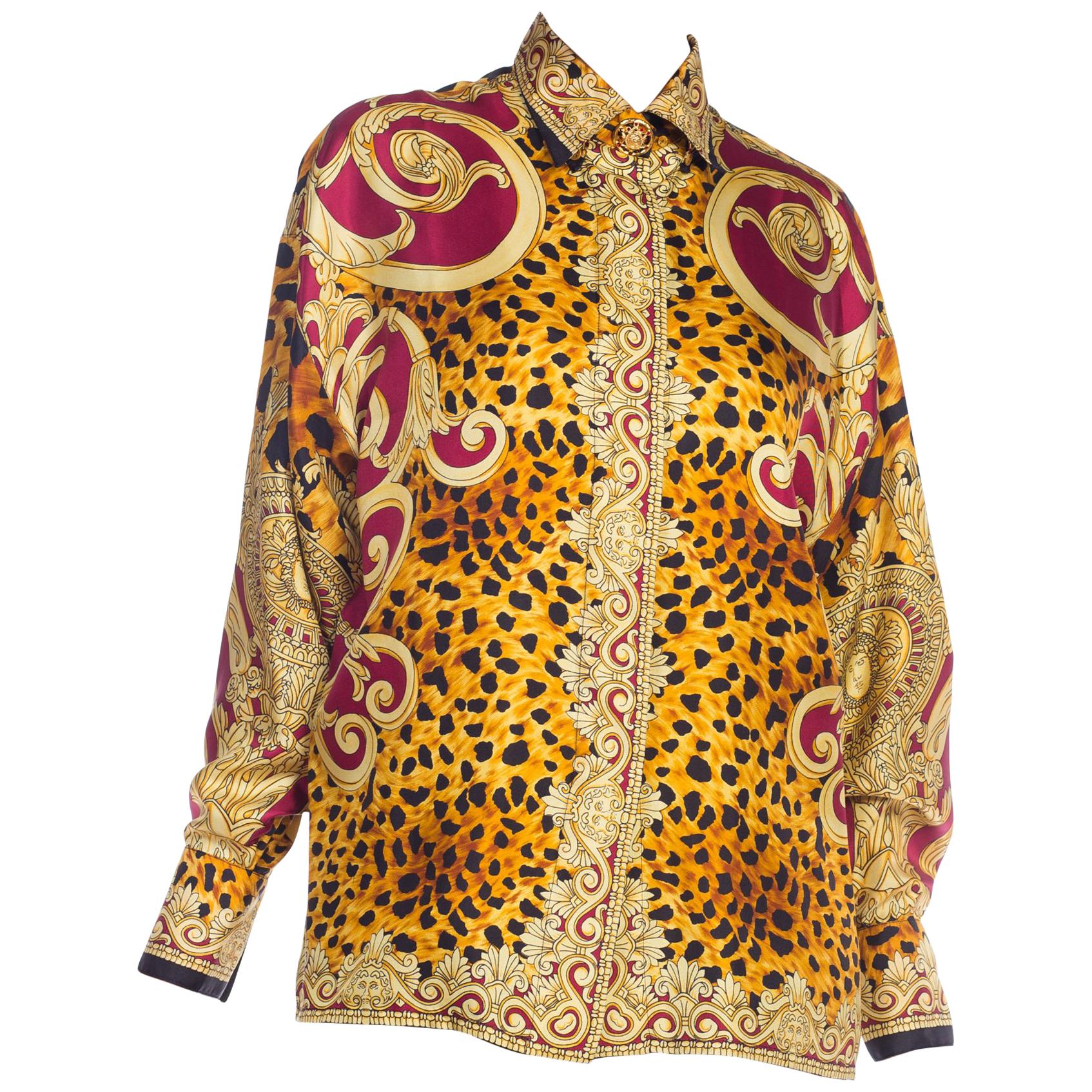 1990S GIANNI VERSACE Gold Baroque & Leopard Silk Shirt With Crystals Buttons