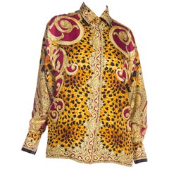 1990S GIANNI VERSACE Gold Baroque & Leopard Silk Shirt With Crystals Buttons