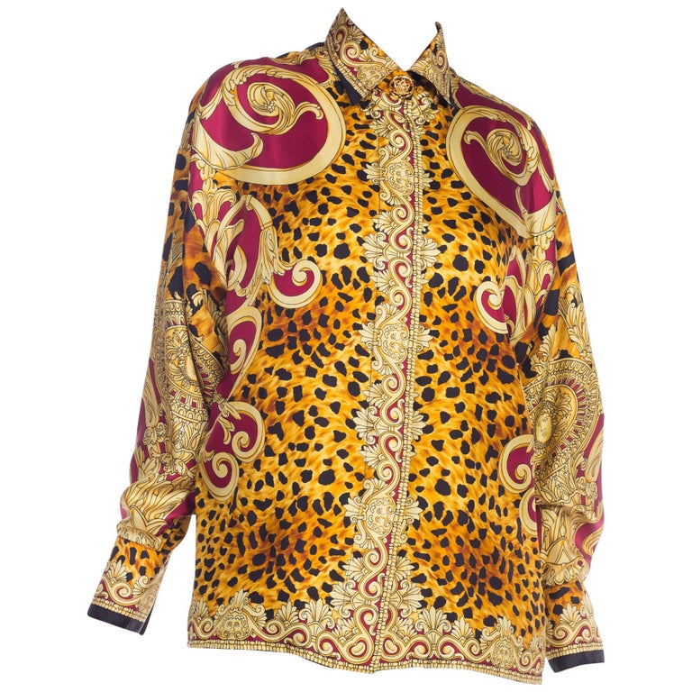 1990S GIANNI VERSACE Gold Baroque and Leopard Silk Shirt With Crystals