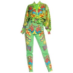 1990 Gianni Versace Miami Collection Blouse en soie & Coton Jeans Set1990S GIANNI