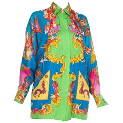 Vintage 1990s Gianni Versace Atelier Silk Blouse With Scottish & Chinese Dragons