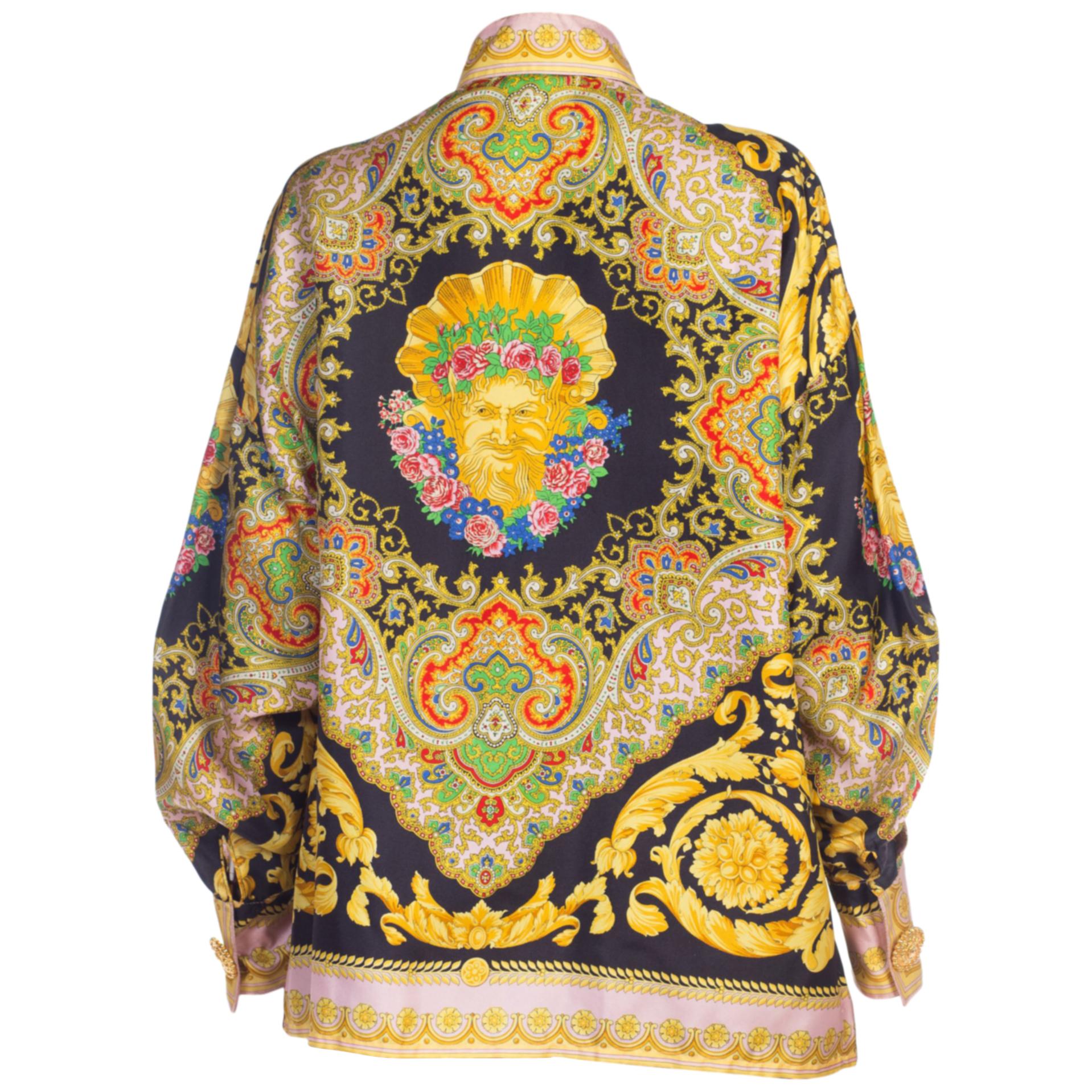 1990s Gianni Versace Baroque Silk Blouse With Giant Gold Buttons