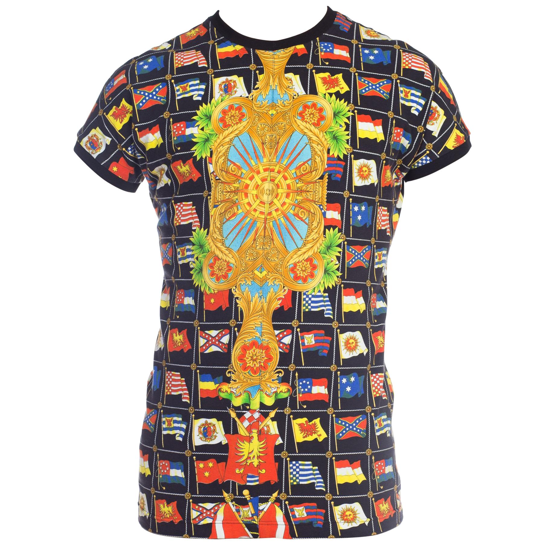 1990S GIANNI VERSACE Black Printed Cotton Spandex Miami Beach Collection T-Shirt