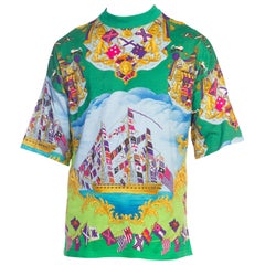 1990er GIANNI VERSACE Grün Baumwolle Miami Kollektion Flagge Druck T-Shirt Gr. 48