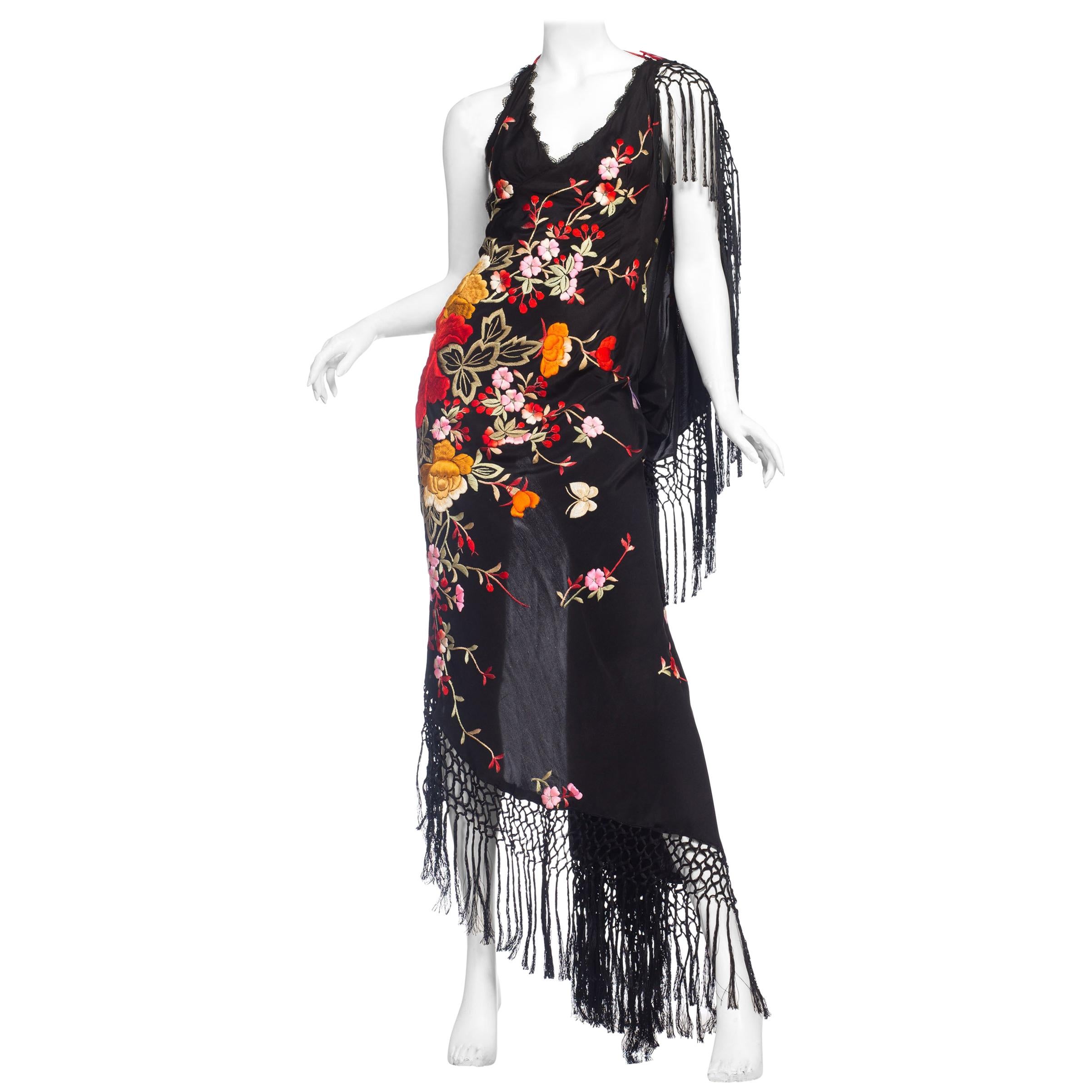 Bias Cut Backless Gown In Hand Embroidered 1920s Silk With Fringe & Coral Beads