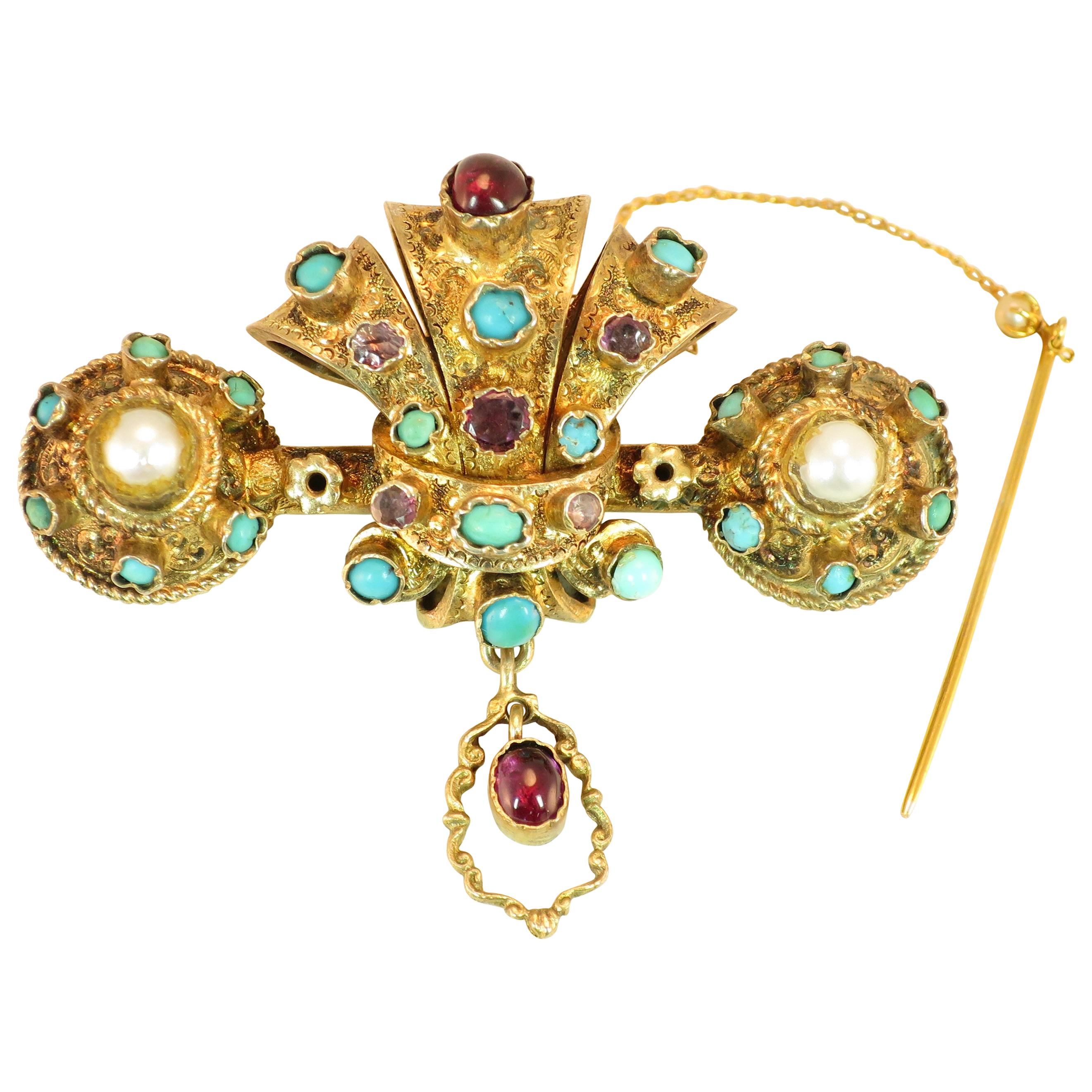 Georgian Baroque Brooch 10k Gold Amethyst Turquoise Pearls Circa 1840 For Sale