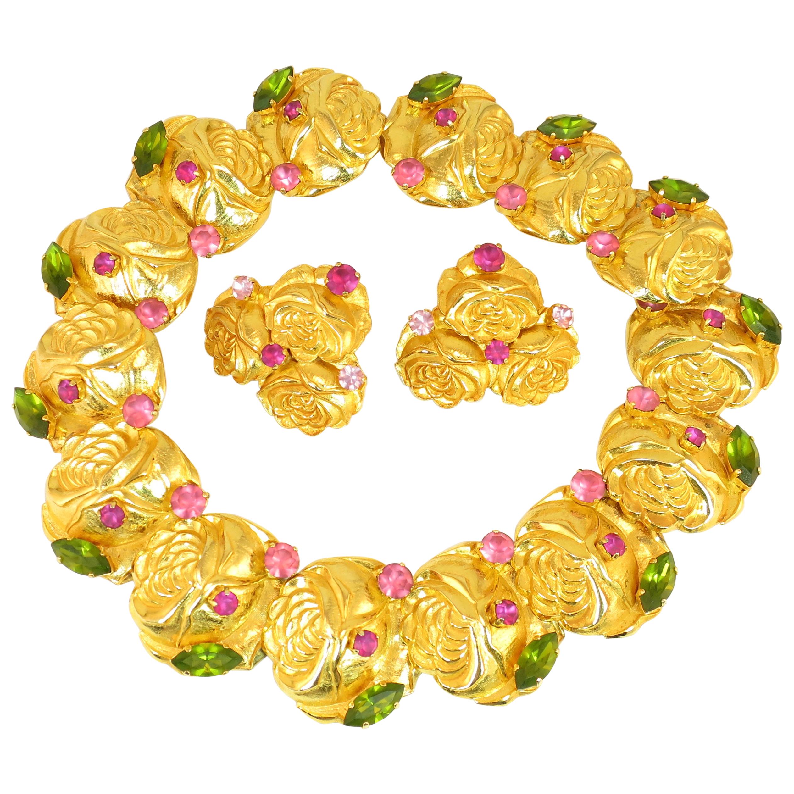 Dominique Aurientis Paris Gilded Floral Necklace Suite 1980s For Sale