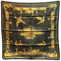 RARE Hermes Vintage Au Canards Duck Print Black and Gold Silk Scarf