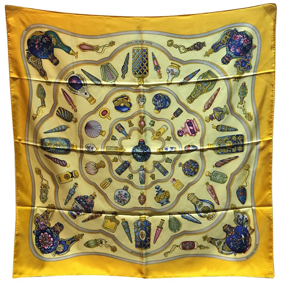 Hermes Vintage Qui' Import le Flacons Yellow Silk Scarf at 1stDibs
