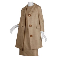 1960s Lilli Ann Retro Neutral Raw Silk Coat + Dress 2-Piece Ensemble