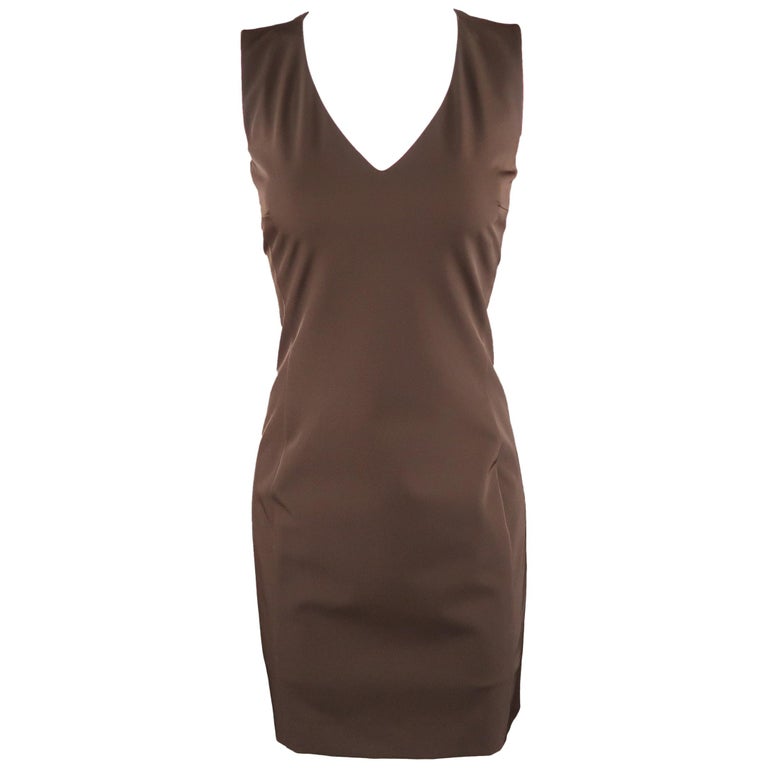PRADA Size 4 Brown Twill V Neck Sleeveless Shift Dress For Sale