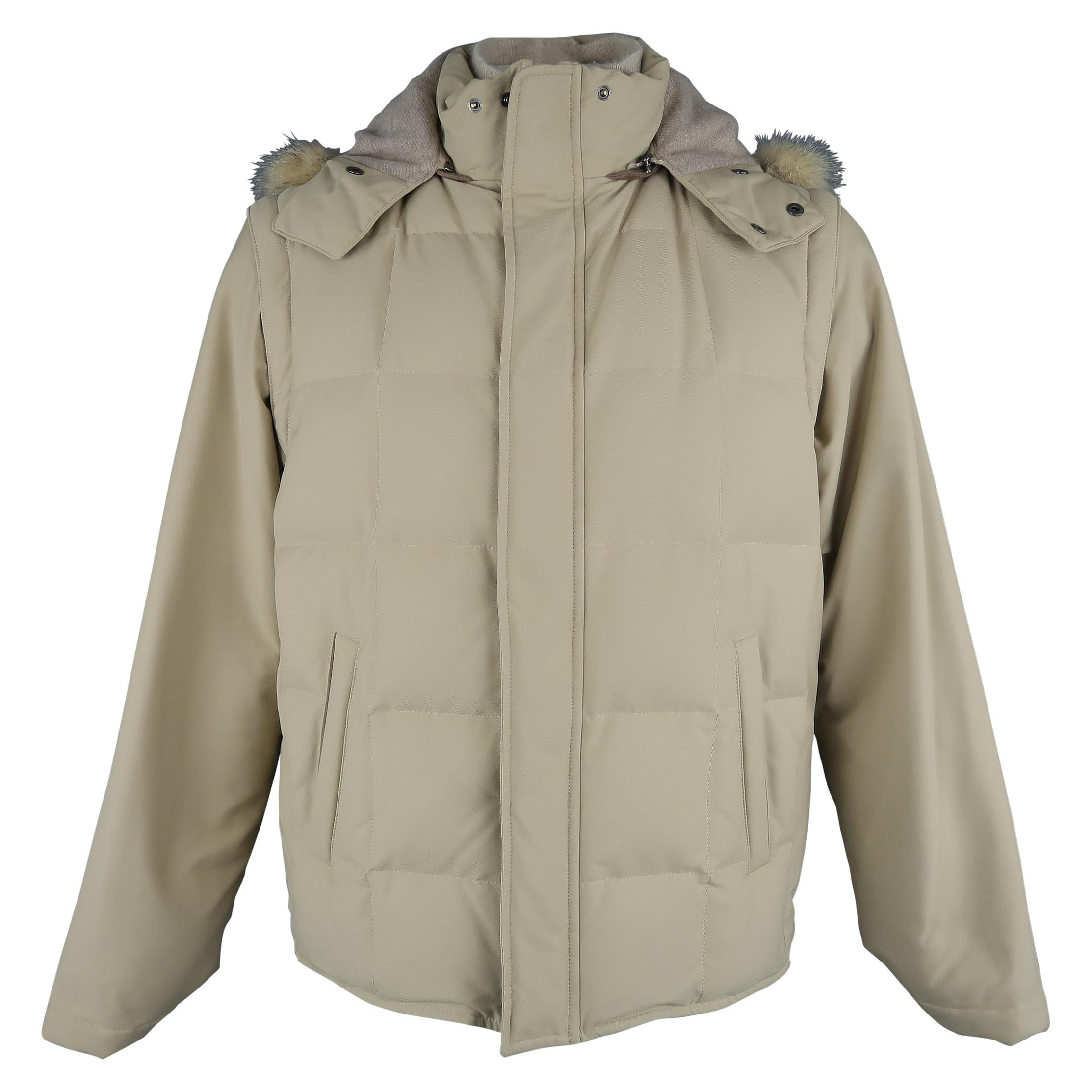 LORO PIANA Jacket - 44 Khaki Quilted Nylon Detachable Fur Hood Down Puff