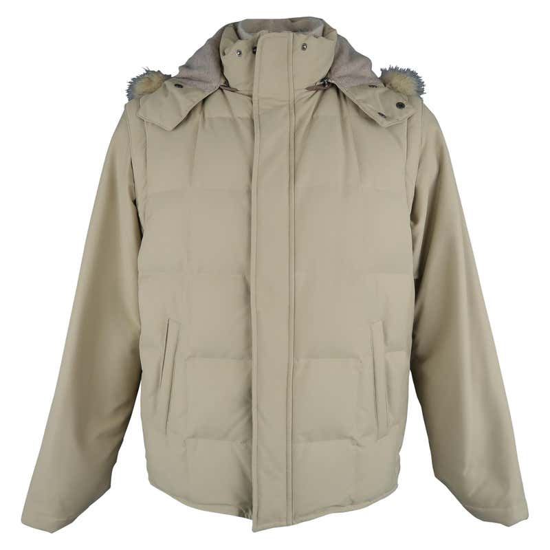 LORO PIANA Jacket - 44 Khaki Quilted Nylon Detachable Fur Hood Down ...